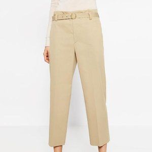 Zara Beige Belted Straight Leg High Rise Trousers size XS